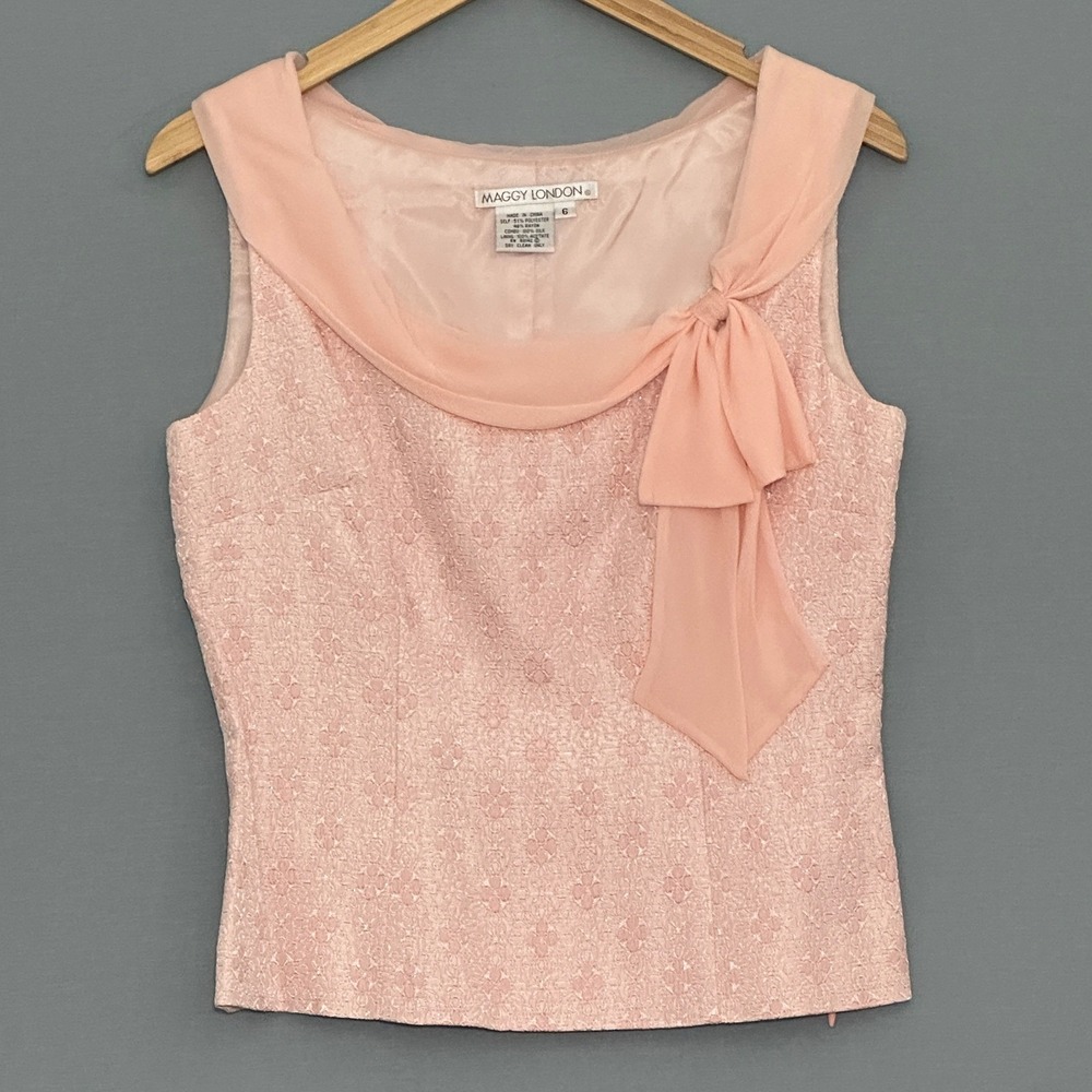 Maggy London Womens Top 6 Pink Floral Brocade Silk Bow Feminine Coquette Pastel